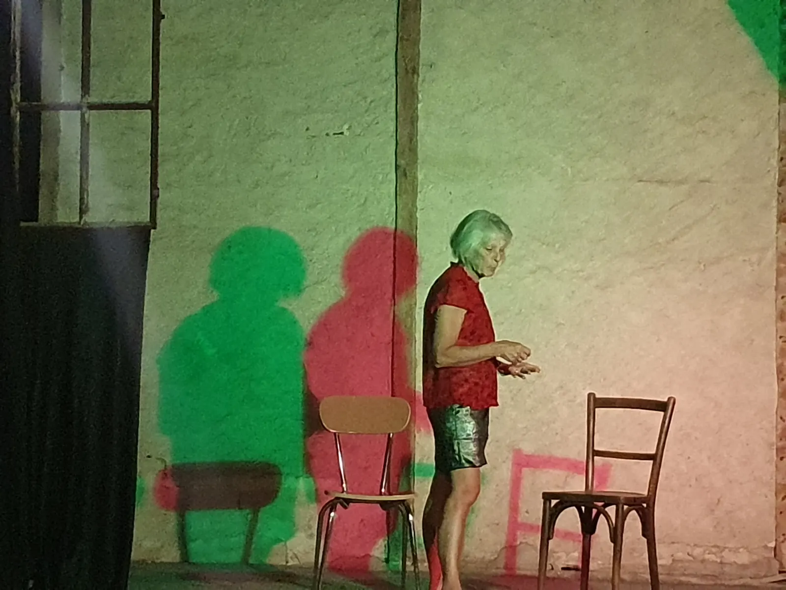 Une comédienne sur scène, ses ombres rouge et verte projetées sur le mur.